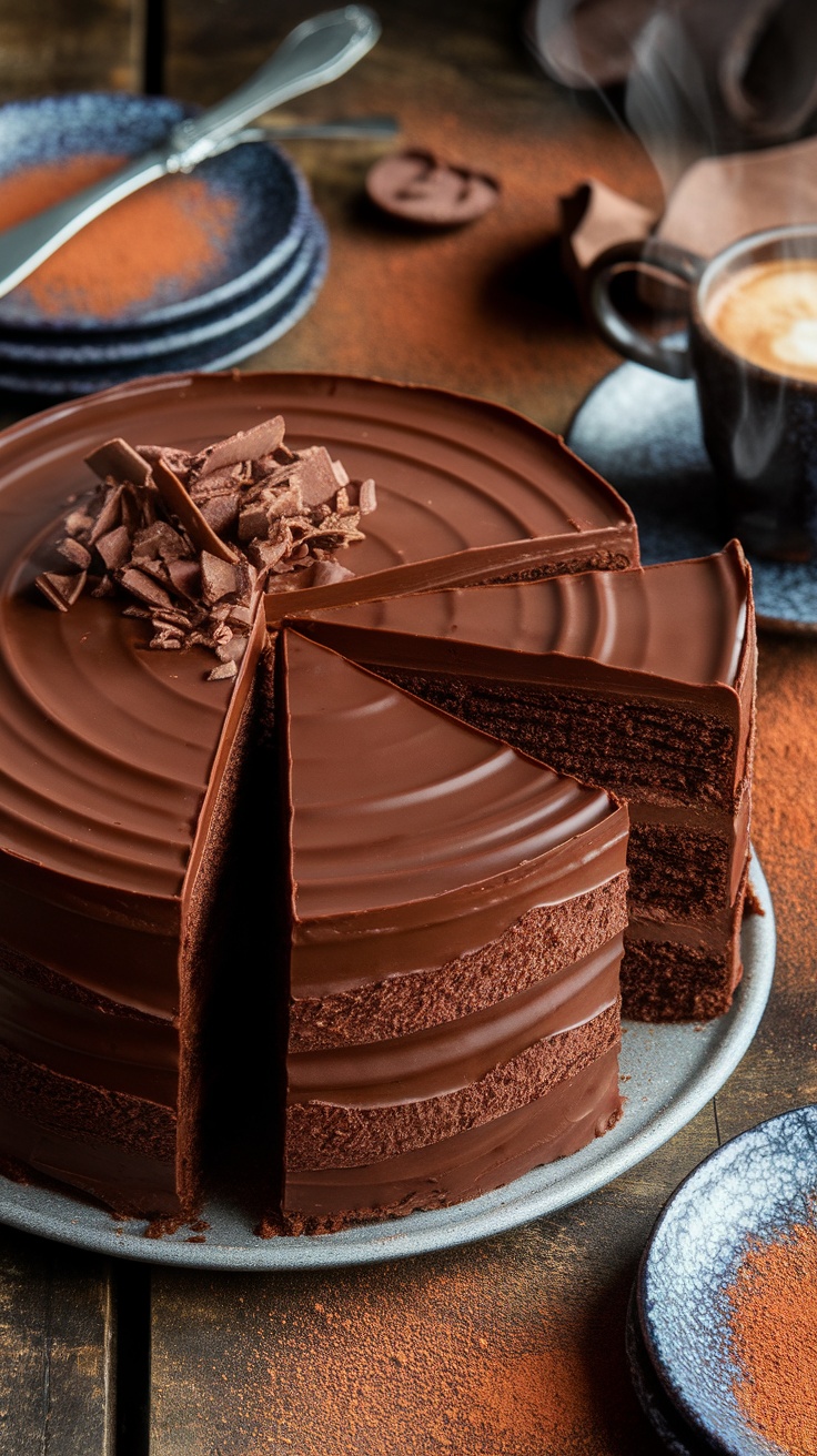 A slice of decadent chocolate fudge cake with rich frosting on a rustic wooden table, accompanied by cocoa powder and coffee.